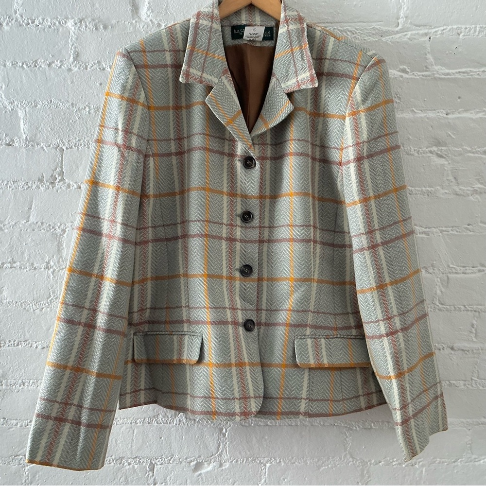 Vintage Harve Bernard Wool Jacket Blazer Tan Orange Plaid Academia Preppy Sz 14